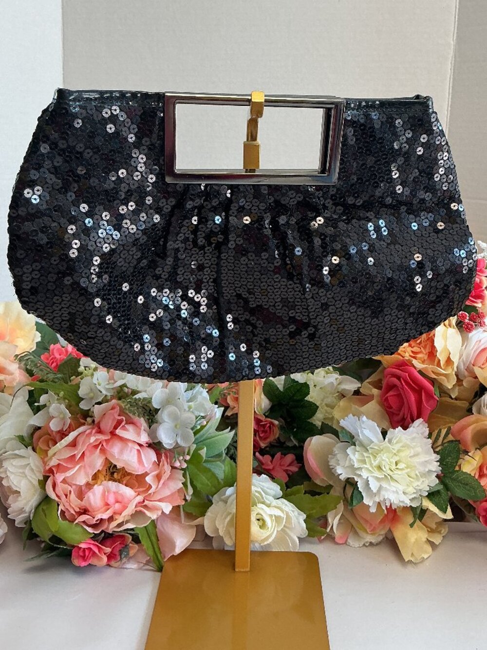 The Limited Black Sequin Evening Clutch Bag Silver Frame Handle Cocktail Purse